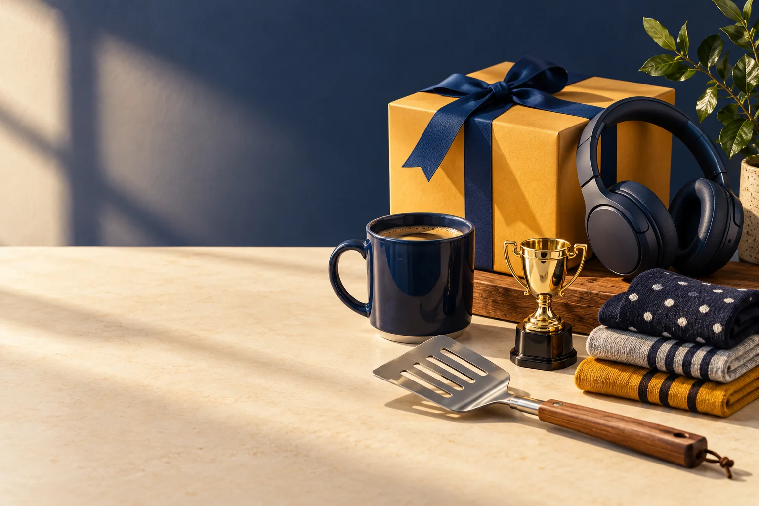 Illustrative gift collection with a wrapped present, mug, headphones and barbecue accessories